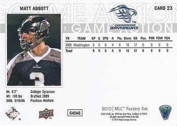 2010 Upper Deck Major League Lacrosse #23 Matt Abbott Back